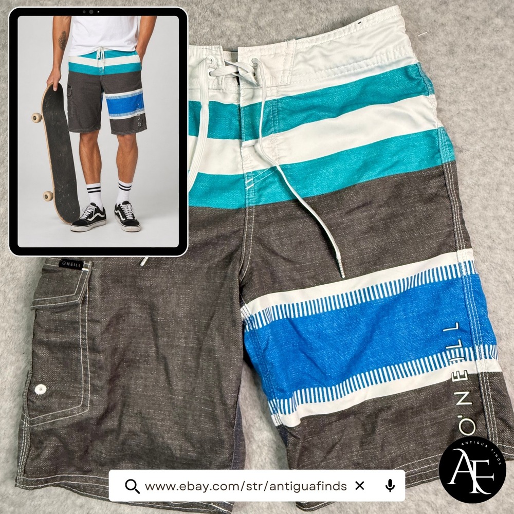 ONeill Mens Striped Board Shorts Teal Blue Grey Size 26 Swim Trunks Cargo Pocket